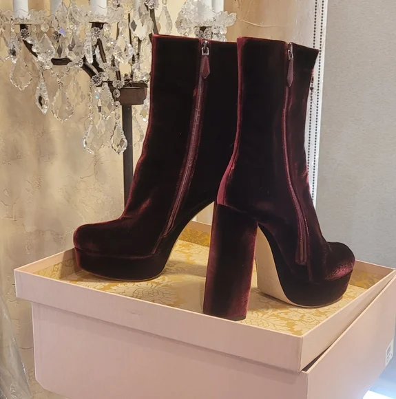 Rare Find Miu Miu BordeauxBurgundy Velvet Ankle Boots Claret. Size 7 1/2 M